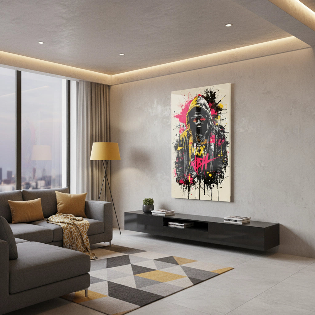 King of the Street - Peinture murale en verre acrylique de style street art pour intérieurs loft modernes